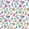 Multicolored school supplies, seamless pattern. Back to school.